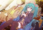  1girl aqua_eyes aqua_hair bench bow falling falling_leaves hatsune_miku leaf long_hair miniskirt multicolored multicolored_eyes multicolored_hair shiwasu_takashi skirt tree twintails very_long_hair vocaloid 