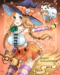  1boy 1girl 2014 between_legs bleach braid broom brown_hair candy fingerless_gloves ghost gloves grey_eyes halloween hat inoue_orihime kurosaki_ichigo long_hair meitarou meitarou_(3079995) nail_polish orange_nails pink_legwear purple_legwear skirt smile striped striped_legwear thighhighs twin_braids witch witch_hat 