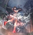  bare_shoulders black_hair dress fisheye hair_ribbon kneepits light_trail long_hair open_mouth original rain red_eyes red_footwear ribbon settyaro shoes solo standing standing_on_one_leg the_red_shoes_(andersen) torn_clothes very_long_hair white_dress 