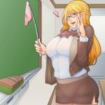  adjusting_eyewear aratama_(a-tama) blonde_hair blue_eyes braid breasts chalkboard classroom classroom_eraser commentary_request french_braid glasses heart holding holding_panties large_breasts lips long_hair miniskirt original panties panties_removed parted_lips pink_panties plump pointer skirt solo teacher underwear 