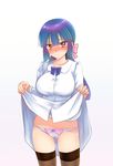  black_legwear blue_hair blush bow bow_panties cameltoe hair_ribbon hikabe_sakuho long_hair looking_at_viewer lowleg lowleg_panties no_pants original panties red_eyes ribbon shirt_lift simple_background solo thighhighs underwear 