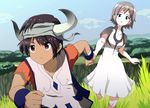  1girl bad_id bad_pixiv_id bandages brown_eyes brown_hair cloud collarbone day dress grass holding_hands horns ico ico_(character) jowan'nu outdoors red_eyes running sky yorda 