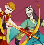  1girl archer arrow assassin black_hair bow_(weapon) cartoon_network cat_mask cheshire couple dc_comics domino_mask gloves gradient gradient_background kyuura-jii long_hair low-tied_long_hair marksman mask orange_hair poison red_gloves roy_harper speedy teen_titans weapon 