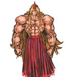  abs blonde_hair clenched_hands commentary highres horn hoshiguma_yuugi long_hair long_skirt male_focus muscle muscular_female nameo_(judgemasterkou) parody pectorals red_eyes skirt solo topless touhou very_long_hair white_background yuu_yuu_hakusho 