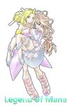  bare_shoulders blonde_hair blush boots brown_hair carrying copyright_name detached_sleeves green_eyes hair_tubes halterneck highres imu_(lom) knee_boots lady_pearl legend_of_mana long_hair multiple_girls muted_color nakkosssyufu princess_carry ribbon sandals seiken_densetsu very_long_hair 
