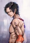  abs back_tattoo beads black_hair brown_eyes elbow_pads freckles highres looking_back male_focus muscle one_piece portgas_d_ace prayer_beads rain shirtless smile solo tattoo upper_body yumiyokiak 