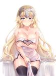  1girl absurdres ahoge bangs bare_shoulders blonde_hair blush breasts cleavage collarbone dress dress_pull embarrassed eyebrows_visible_through_hair fate/grand_order fate_(series) groin headpiece highres jeanne_d&#039;arc_(fate)_(all) large_breasts long_hair looking_at_viewer no_panties pelvic_curtain purple_eyes sitting solo sweat thighhighs very_long_hair white_dress yuemanhuaikong 