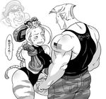  1girl 2boys american_flag beret blush braid cammy_white doboshiru greyscale guile happy hat long_hair monochrome multiple_boys simple_background smile street_fighter tattoo twin_braids vega white_background 