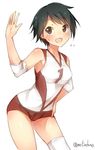  1girl bare_shoulders black_hair brown_eyes elbow_pads highres kantai_collection metindone mogami_(kantai_collection) short_hair shorts smile solo sportswear sweatdrop thighhighs v-neck volleyball_uniform white_legwear 
