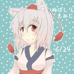  animal_ears bad_id bad_pixiv_id bare_shoulders blush breasts chikinman collarbone dated detached_sleeves hat inubashiri_momiji kourindou_tengu_costume looking_at_viewer medium_breasts short_hair silver_hair solo tokin_hat touhou translation_request wolf_ears 