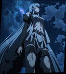  1girl akame_ga_kill! blue_eyes bra breasts cleavage colored_eyelashes esdeath esdese highres large_breasts long_hair night solo square_enix standing stitched underwear 