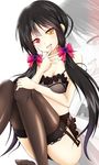  1girl black_bra black_hair black_panties blush bra breasts cleavage clock_eyes date_a_live doyachii feet garter_belt garter_straps hair_ribbon highres lingerie long_hair looking_at_viewer medium_breasts no_shoes open_mouth panties red_eyes ribbon sitting smile solo symbol-shaped_pupils tokisaki_kurumi twintails underwear very_long_hair yellow_eyes 