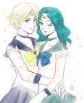  aqua_hair bishoujo_senshi_sailor_moon blonde_hair blue_choker blue_sailor_collar bow choker elbow_gloves gloves hug kaiou_michiru light_smile looking_at_viewer multiple_girls one_eye_closed outer_senshi petals pomme sailor_collar sailor_neptune sailor_senshi sailor_senshi_uniform sailor_uranus short_hair ten'ou_haruka very_short_hair white_gloves yellow_bow yuri 