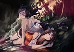  arm_support bigegg black_hair black_legwear brown_eyes brown_hair camera fatal_frame fatal_frame_5 grey_eyes highres hinasaki_miu kozukata_yuuri long_hair lying multiple_girls on_side rain sleeveless socks thigh_strap thighhighs torn_clothes torn_legwear wet wet_clothes 