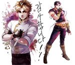  blonde_hair dio_brando fingerless_gloves gloves jojo_no_kimyou_na_bouken jonathan_joestar multiple_boys muscle purple_hair red_eyes sb_(hiratsei) 