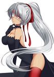  agekichi_(heart_shape) black_dress choker commentary dress elbow_gloves eyepatch gloves hair_ribbon jitome long_hair looking_at_viewer no_panties original ponytail red_eyes red_legwear ribbon silver_hair solo thighhighs very_long_hair white_background 