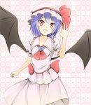  :d arm_at_side ascot bad_id bad_pixiv_id bat_wings blue_hair brooch dress hat jewelry kuroganeruto looking_at_viewer mob_cap open_mouth pink_dress red_eyes remilia_scarlet salute short_hair smile solo touhou wings 
