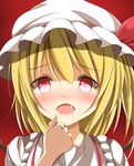  arm_at_side asymmetrical_hair asymmetrical_wings blonde_hair commentary_request crazy_eyes drooling fang flandre_scarlet hand_to_own_mouth hat highres kuroganeruto looking_at_viewer mob_cap open_mouth portrait pov red_eyes shaded_face side_ponytail solo touhou wings yandere 