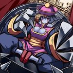  arm_up belt blue_eyes blue_skin blush_stickers breasts chinese_clothes claws cleavage cleavage_cutout jiangshi large_breasts lei_lei long_sleeves looking_at_viewer ofuda purple_hair red_eyes short_hair sitting solo ugume vampire_(game) 