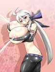  1girl areolae ass breast_lift breasts female gigantic_breasts headset lactation long_hair looking_at_viewer nipples rahab red_eyes silver_hair skindentation smile solo standing 