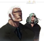  aqua_hair blue_eyes casual collar dark_skin dark_skinned_male forehead_jewel formal fur_collar lips lividvelvet long_hair multiple_boys necktie nose remy_(street_fighter) short_hair street_fighter street_fighter_iii_(series) suit sunglasses urien white_hair 