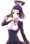  breasts gloves kantai_collection mechanical_halo medium_breasts purple_eyes purple_hair school_uniform shingo_(picturepuzzle) short_hair smile solo tatsuta_(kantai_collection) 