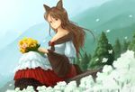  absurdres animal_ears bare_shoulders bouquet breasts brooch brown_eyes brown_hair cleavage dress flower frilled_dress frills highres imaizumi_kagerou jewelry koshi_(koshi_vortex) light_smile long_hair looking_at_viewer medium_breasts nature outdoors petals signature sitting sitting_on_rock solo strapless strapless_dress tail touhou tree wolf_ears wolf_tail 