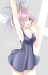  :o absurdres alternate_hair_length alternate_hairstyle aoba_(kantai_collection) arm_up artist_name blue_eyes breasts cleavage dated dress highres kantai_collection long_hair medium_breasts one_eye_closed purple_hair short_dress solo tebi_(tbd11) yawning 
