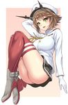  admiral_(kantai_collection) admiral_(kantai_collection)_(cosplay) alternate_costume ankle_boots ass blush boots breasts brown_hair cosplay full_body gloves green_eyes headgear kantai_collection kase_daiki large_breasts legs looking_at_viewer military military_uniform miniskirt mutsu_(kantai_collection) naval_uniform open_mouth red_legwear short_hair simple_background skirt smile solo thighhighs uniform white_background 