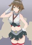  blush breasts cowboy_shot gloves gomashi_(goma) hand_on_hip headgear kantai_collection large_breasts looking_at_viewer midriff mutsu_(kantai_collection) navel salute short_hair sketch skirt smile solo striped striped_legwear thighhighs white_gloves 