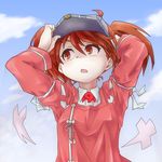  arms_up blue_sky brown_eyes brown_hair cloud day hand_on_own_head hat_tip highres japanese_clothes kantai_collection kariginu long_sleeves magatama onmyouji open_mouth redz ryuujou_(kantai_collection) sky solo twintails upper_body visor_cap 