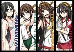  basketball basketball_uniform black_eyes black_hair brown_eyes brown_hair competition_swimsuit glasses gym_shorts haruna_(kantai_collection) hiei_(kantai_collection) hirayama_(hirayamaniwa) kantai_collection kirishima_(kantai_collection) kongou_(kantai_collection) long_hair multiple_girls one-piece_swimsuit racket short_hair shorts sportswear swimsuit tennis_racket tennis_uniform track_and_field 
