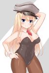 alternate_costume bare_shoulders bismarck_(kantai_collection) black_leotard blonde_hair blue_eyes blush breasts brown_legwear cleavage commentary_request detached_collar grey_background hair_between_eyes hand_behind_head hand_on_thigh hat highres kantai_collection leotard long_hair looking_at_viewer medium_breasts military_hat necktie pantyhose peaked_cap playboy_bunny_leotard red_neckwear shirou_(amato_shirou) solo strapless strapless_leotard two-tone_background white_background 