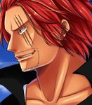  facial_hair grey_eyes male_focus one_piece portrait profile red_hair scar scar_across_eye shanks smile solo stubble yumiyokiak 