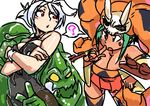  2girls ? alternate_costume animal_ears aqua_hair battle_bunny_riven breasts brown_eyes bunny_ears bunny_girl bunny_tail bunnysuit cerebella_(skullgirls) cleavage cristina_valenzuela crossed_arms crossover dark_skin detached_collar detached_sleeves eyeshadow hand_on_hip higa_norio large_breasts league_of_legends leaning_forward makeup monster_boy multiple_girls pantyhose red_eyes riven_(league_of_legends) seiyuu_connection short_hair silver_hair skullgirls slime tail thighhighs vice-versa_(skullgirls) wrist_cuffs yellow_eyes zac 