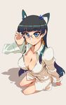  adjusting_eyewear bangs black_hair blue_eyes blunt_bangs blush breasts cleavage collarbone copyright_request dress_shirt earrings foreshortening from_above glasses gradient gradient_background hair_ornament hoop_earrings jewelry kusanagi_tonbo large_breasts looking_at_viewer looking_up naked_shirt shadow shirt simple_background smile solo tsurime two_side_up 