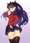  ass between_fingers black_hair black_legwear blue_eyes breasts commentary_request cowboy_shot fate/stay_night fate_(series) from_behind gem gradient gradient_background highres impossible_clothes impossible_shirt long_hair looking_at_viewer panties pantyshot pantyshot_(standing) purple_background shirt skirt small_breasts solo standing thigh_gap thighhighs toosaka_rin trefoil two_side_up underwear white_panties yangsion 
