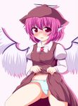  absurdres animal_ears bare_legs bird_wings dress dress_lift hat highres looking_at_viewer mystia_lorelei panties purple_eyes purple_hair shirt short_hair sitting touhou underwear wings yakumo_nanahara 