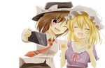  blonde_hair blush brown_hair cellphone closed_eyes commentary_request hat highres indo_(mdtanaka2007) maribel_hearn multiple_girls necktie one_eye_closed open_mouth phone self_shot short_hair smartphone smile touhou usami_renko v 