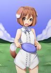  :o alfort_(may0508) animal_ears blush brown_eyes brown_hair cloud cowboy_shot day dog_ears dog_tail fang field frisbee highres looking_at_viewer original short_hair sky sleeveless solo tail 