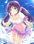  barefoot bikini breasts cleavage day flower green_eyes heart large_breasts long_hair love_live! love_live!_school_idol_project natsuiro_egao_de_1_2_jump! navel parted_lips purple_hair scrunchie skirt sky smile solo swimsuit tokira_nozumi toujou_nozomi twintails water 