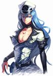  akame_ga_kill! bad_id bad_pixiv_id badominton blue_eyes blue_hair breasts cleavage collarbone esdeath large_breasts long_hair looking_at_viewer military military_uniform simple_background solo uniform white_background 