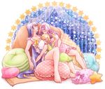  antenna_hair barefoot between_breasts blazblue blazblue_remix_heart blonde_hair blue_hair breasts closed_eyes drooling frilled_pillow frills genderswap genderswap_(mtf) hair_down hairband head_between_breasts kajun_faycott large_breasts long_hair mai_natsume multiple_girls nightgown nunun pillow pink_hair scrunchie shiori_kirihito sleeping sleeping_on_person sleeping_upright two_side_up very_long_hair 