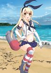  absurdres anchor_hair_ornament bad_id bad_pixiv_id beach blonde_hair brown_eyes crop_top crop_top_overhang day elbow_gloves gloves hair_ornament highres kantai_collection long_hair meiki midriff navel open_mouth shimakaze_(kantai_collection) skirt solo thighhighs 