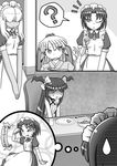 4koma :&lt;&gt; ? @_@ apron bow chair comic commentary coru cuey_c_lops cup dojikko_pose elza_straherz fork gloves greyscale hair_bobbles hair_bow hair_ornament hair_over_eyes hair_over_one_eye hands_on_lap highres japanese_clothes kimono maid maid_apron maid_headdress mole mole_under_eye monochrome mug multiple_girls one_eye_closed original pose puffy_short_sleeves puffy_sleeves rakurakutei_ramen ran_straherz short_sleeves silent_comic sitting spoken_question_mark sweatdrop symbol-shaped_pupils table tongue tongue_out tray trembling two_side_up v_arms 