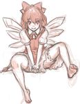  barefoot between_legs bloomers blush bow cirno dress feet full_body grin hair_bow highres kuro_suto_sukii looking_at_viewer monochrome short_hair simple_background sitting sketch smile solo touhou underwear white_background 