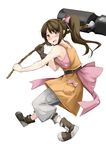  bare_shoulders belt blush bow brown_hair gloves hair_ornament hair_ribbon hair_stick hammer hammer_(ole_tower) highres holding holding_weapon huge_weapon long_hair ole_tower open_mouth overalls pants pink_bow ponytail ribbon simple_background single_glove solo tenko_(gintenko) weapon white_background yellow_eyes 