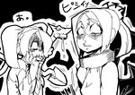  blood blush carol_(skullgirls) empty_eyes full-face_blush greyscale hair_over_one_eye higa_norio highres leviathan_(skullgirls) monochrome multiple_girls nosebleed painwheel_(skullgirls) shocked_eyes side_ponytail skullgirls squigly_(skullgirls) stitched_mouth stitches zombie 