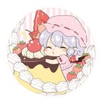  badge blue_hair blush_stickers button_badge cherry chibi closed_eyes dress food fruit hat hat_ribbon maru_usagi minigirl mob_cap object_hug pink_dress pudding puffy_short_sleeves puffy_sleeves remilia_scarlet ribbon short_sleeves silver_hair solo strawberry touhou whipped_cream 