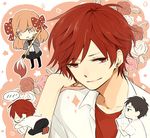  2boys bad_id bad_pixiv_id black_hair black_legwear blush bow brown_eyes calligraphy_brush chibi flower gekkan_shoujo_nozaki-kun hair_bow mikoshiba_mikoto mizumachi multiple_boys nozaki_umetarou orange_hair paintbrush pantyhose polka_dot polka_dot_bow red_eyes red_hair rose rouman_academy_uniform sakura_chiyo school_uniform sketchbook smile sparkle spoken_blush 